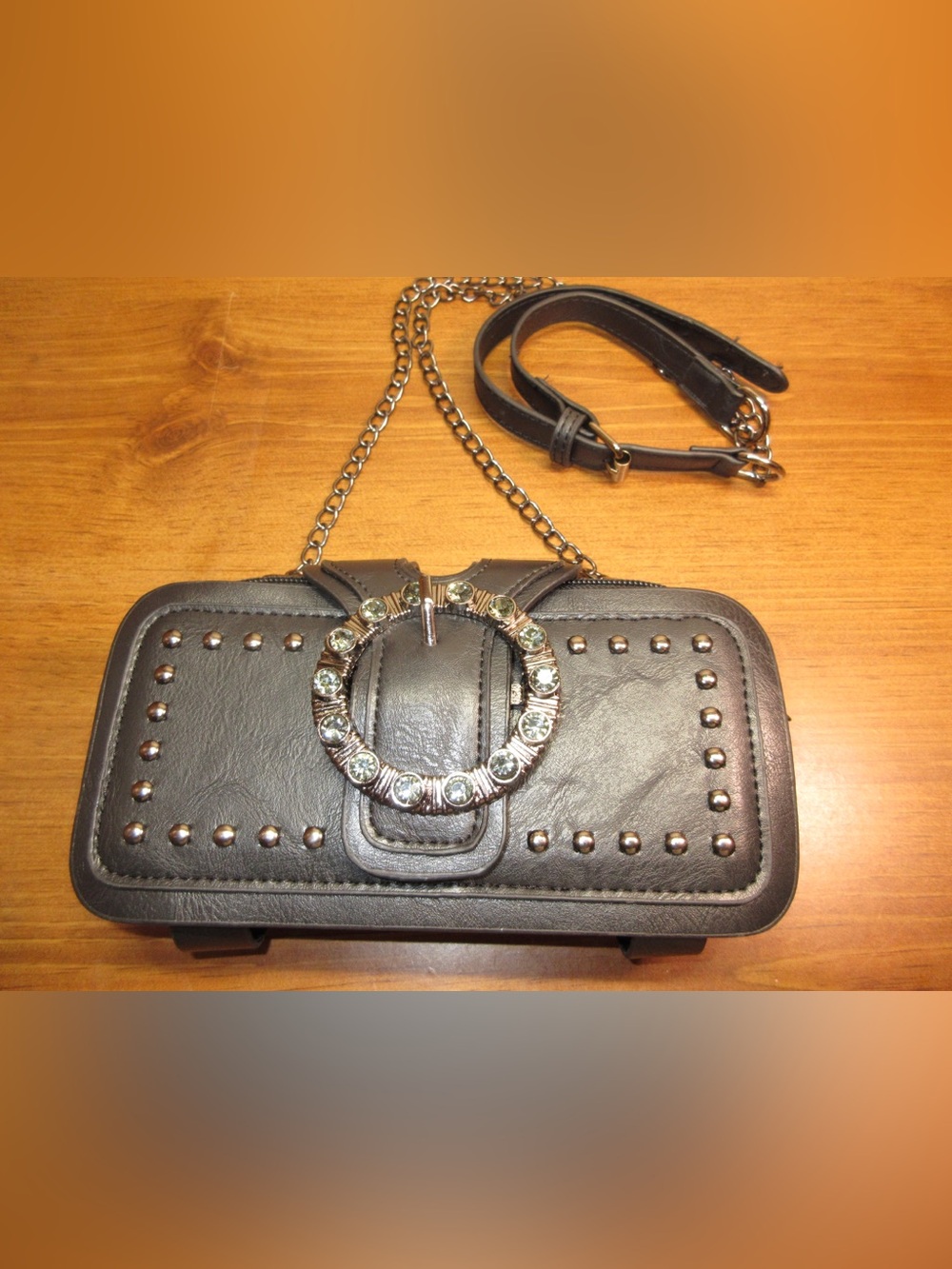 Crystal Ring Studded Black Leather Crossbody
